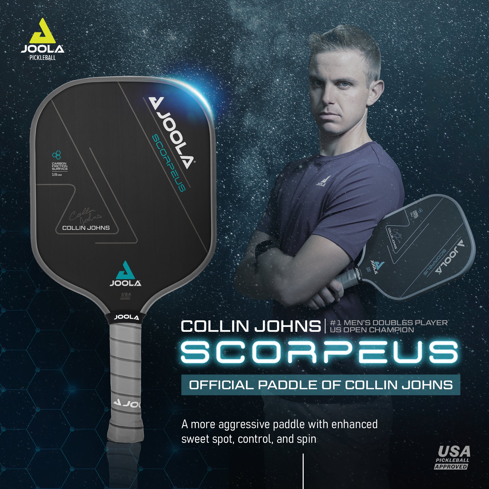 JOOLA Collin Johns Scorpeus CFS 16mm Carbon Fiber Pickleball Paddle